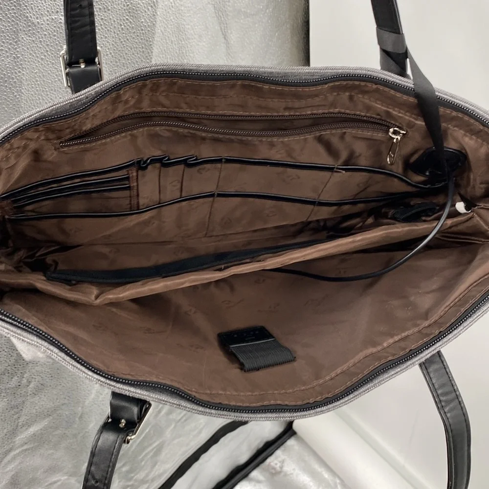 REIAVEL Gray Tote Bag Laptop Grey Canvas Black Leather USB Plug‎ Office Purse